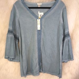 Spense Blue Crochet Snow Haze  V Neck Bell Sleeved Top Size S